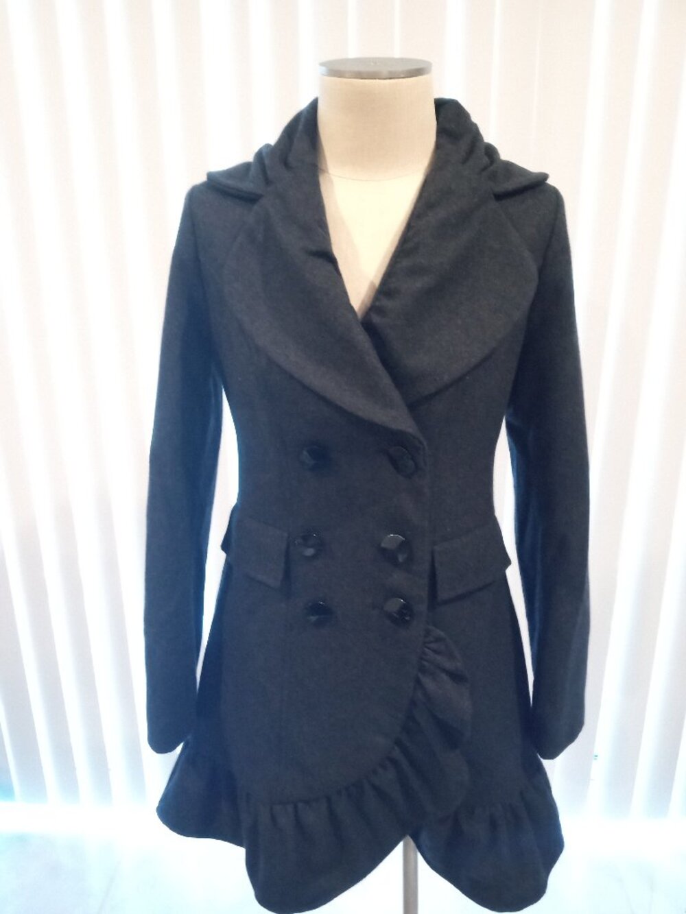 Betsey Johnson Charcoal Ruffle Wool Blend Coat